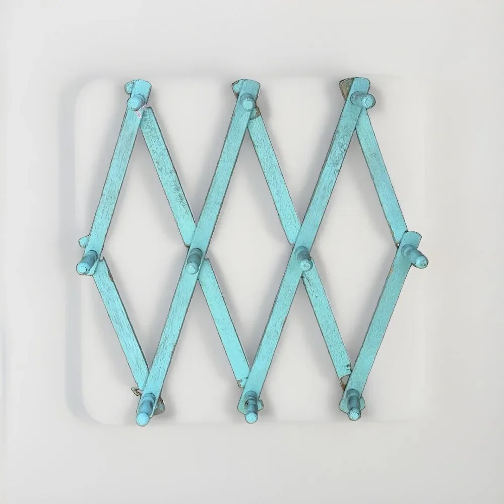 Vintage 42” Accordion Peg Rack 10 Hook Turquoise Wall Hanger Hong Kong